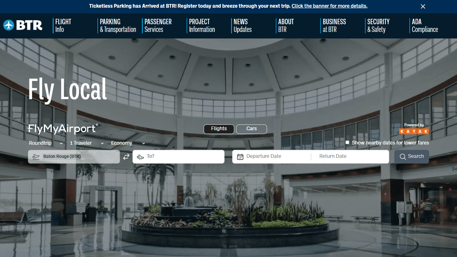 FlyMyAirport on the Baton Rouge (BTR) website, desktop
