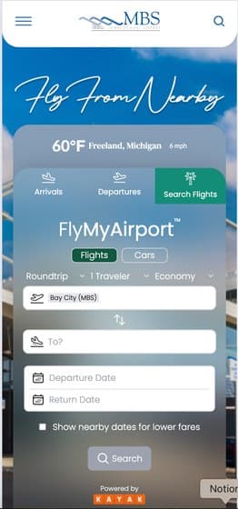 FlyMyAirport on the MBS International (MBS) website, mobile