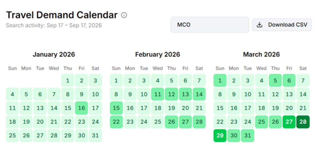 Travel demand calendar showing search activity by date