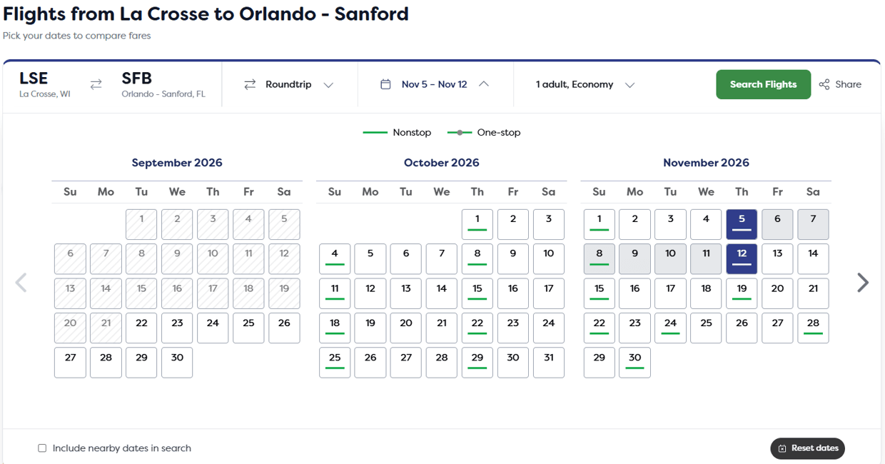 FlyMyAirport flight search from La Crosse to Orlando Sanford