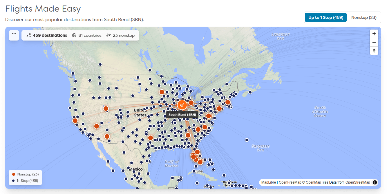 South Bend destination map: 459 destinations, 81 countries, 23 nonstops